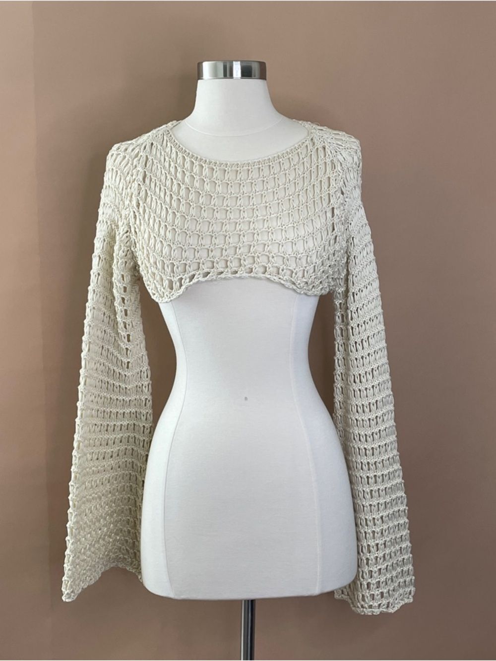 Fashion Nova Cream Crochet Knit Crop Sweater Bell Sleeve Boho M